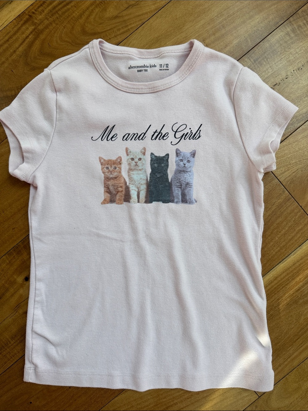 abercrombie kids light pink tee with 'Me and the Girls' kitten graphic